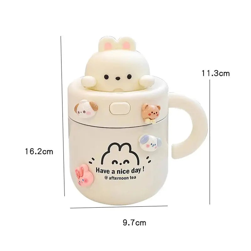 Kawaii Bear Thermal Mug Insulated Coffee Tumbler For Hot Cold Drinks Water Tea Large Thermos Stainless Steel Cup With Straw Lid Auraveia