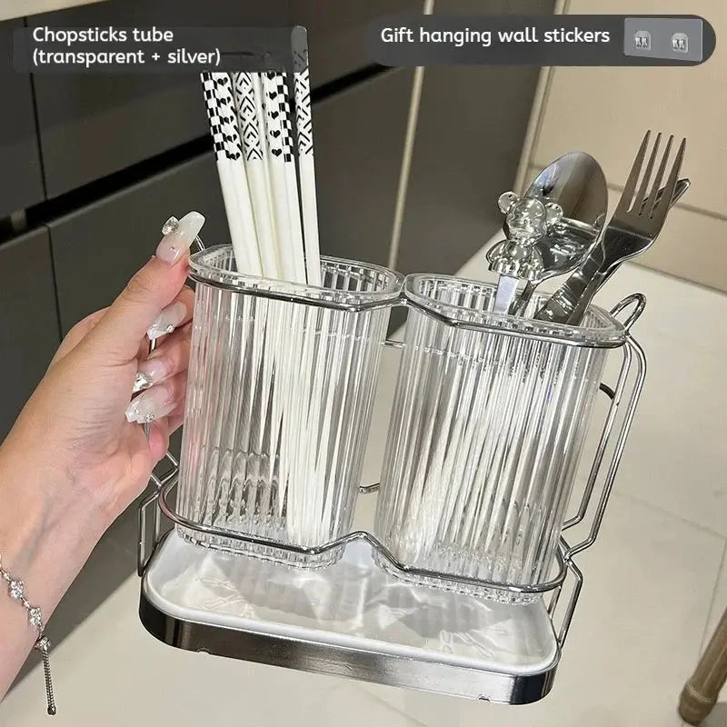 Wall Mounted Kitchen Cutlery Organizer Light Luxury Chopstick Spoon Holder Stainless steel Utensil Drying Rack - Auraveia