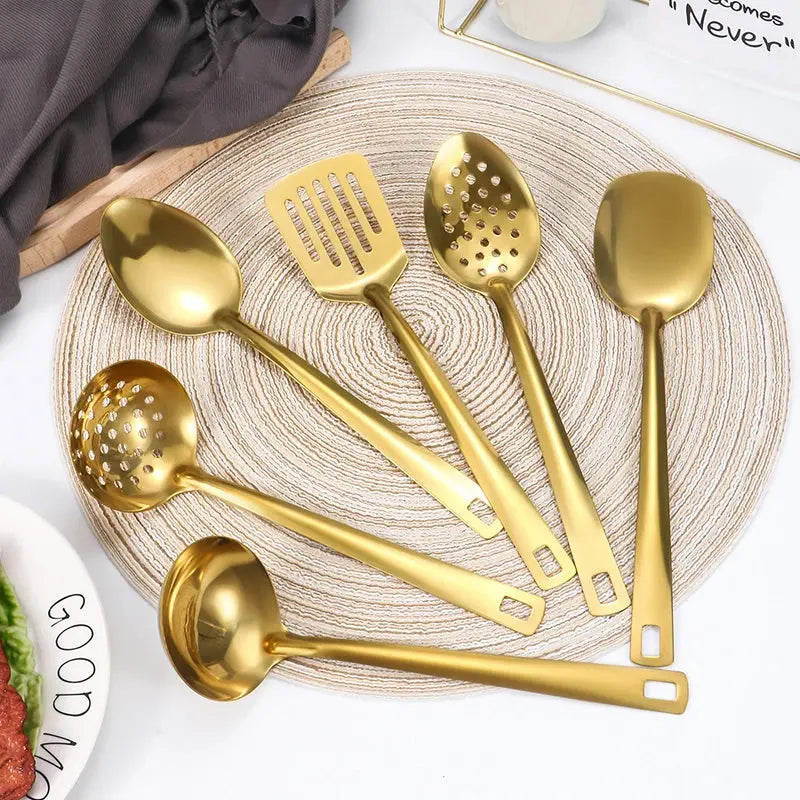 2/6pcs Stainless steel kitchenware set home creative Korean golden soup spoon colander hot pot spoon kitchen cooking frying s - Auraveia