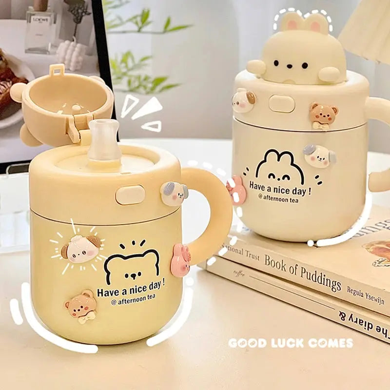 Kawaii Bear Thermal Mug Insulated Coffee Tumbler For Hot Cold Drinks Water Tea Large Thermos Stainless Steel Cup With Straw Lid Auraveia