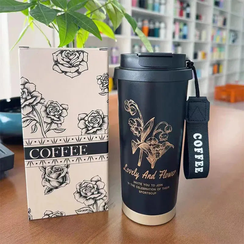 500ml Creative Printing Flower Stainless Steel Thermos Mug Portable Dual-Drink Coffee Mug Car Large-Capacity Straw Gift Cup Auraveia