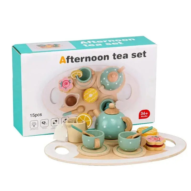 Kids Wooden Tea Set Play House Pretend Make Tea Play With Teapot Teacup Afternoon Snack Role Playing Toys Boys Girls Gift Auraveia