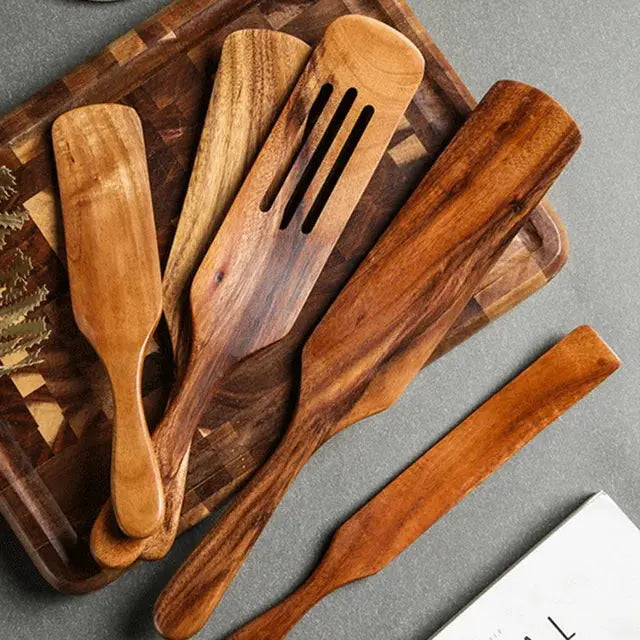 1-10 PC Wooden Cooking Spoons Smooth Teak Wooden Cooking Utensils Non-Stick Wooden Cooking Utensils – Wooden Spoons Set - Auraveia