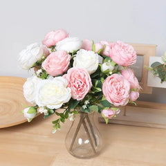 Kahaul Rose Peony Artificial Silk Flowers Small White Bouquet Vases For Garden Wedding Home Party Room DIY Decoration Fake Plant Auraveia