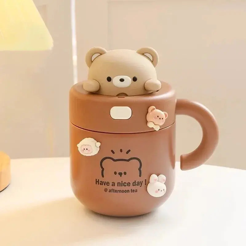 Kawaii Bear Thermal Mug Insulated Coffee Tumbler For Hot Cold Drinks Water Tea Large Thermos Stainless Steel Cup With Straw Lid Auraveia