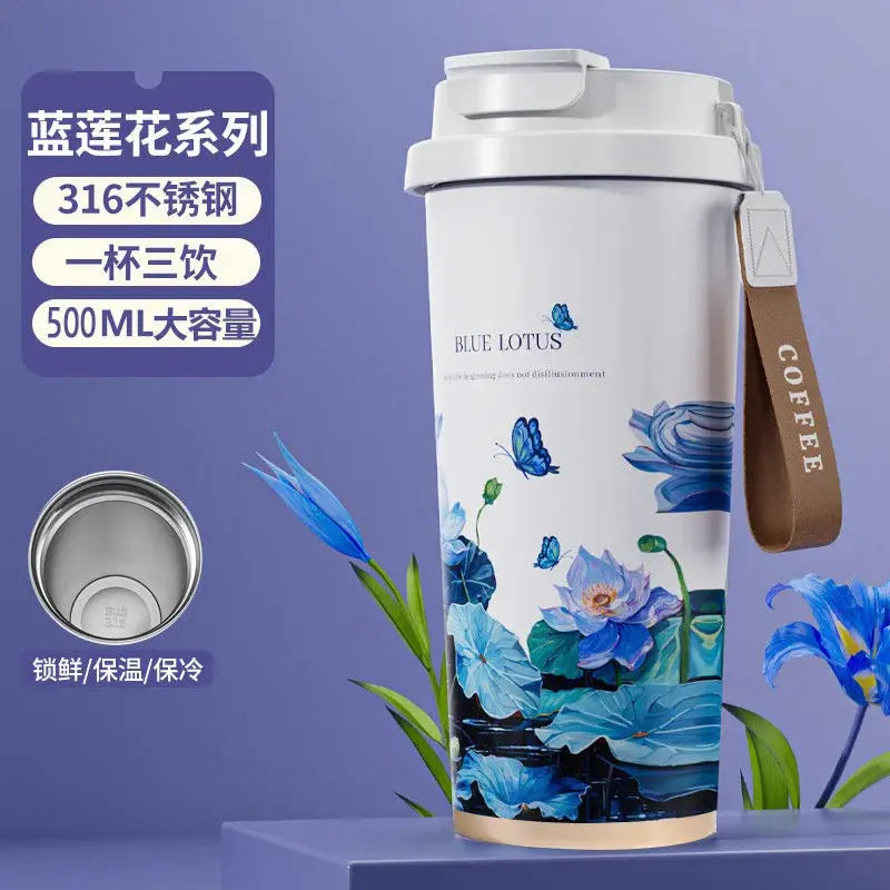 500ml Creative Printing Flower Stainless Steel Thermos Mug Portable Dual-Drink Coffee Mug Car Large-Capacity Straw Gift Cup Auraveia