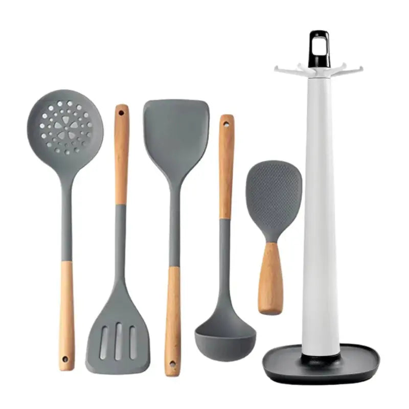 Silicone Kitchen Utensils Set Wooden Handle Non-stick Spatula Cookware Set Fried Shovel Leaky Spoon Rice Spoon Kitchen Tool Sets - Auraveia