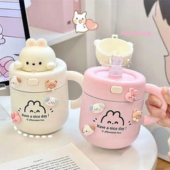 Kawaii Bear Thermal Mug Insulated Coffee Tumbler For Hot Cold Drinks Water Tea Large Thermos Stainless Steel Cup With Straw Lid Auraveia