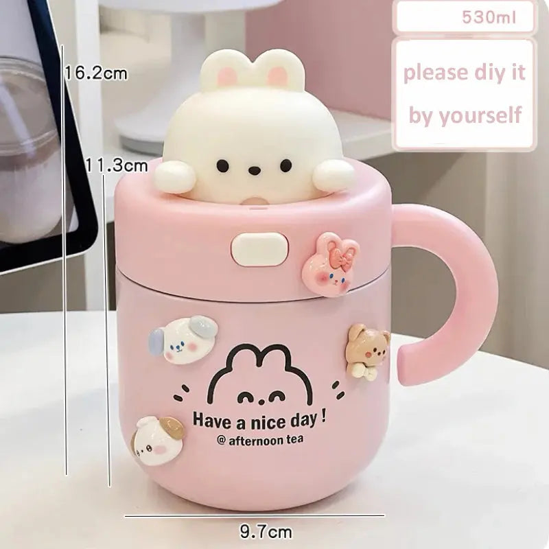 Kawaii Bear Thermal Mug Insulated Coffee Tumbler For Hot Cold Drinks Water Tea Large Thermos Stainless Steel Cup With Straw Lid Auraveia