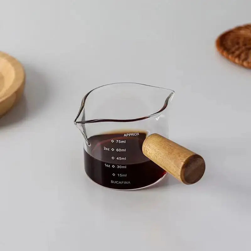 Glass Measuring Cup Wood Handle Glass Espresso Measuring Cup Single Milk Coffee Clear Jug Coffee Supplies Kitchen Measure Mug - Auraveia