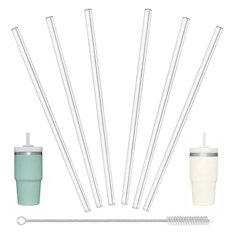 30cm 6 pcs Reusable Straw with Cleaning Brush, Plastic, Clear,Replacement Straw Compatible with Stanley 40 oz 30 oz Cup Tumbler - Auraveia