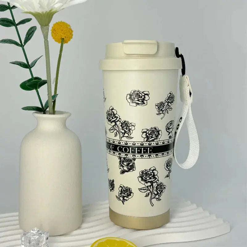 500ml Creative Printing Flower Stainless Steel Thermos Mug Portable Dual-Drink Coffee Mug Car Large-Capacity Straw Gift Cup Auraveia