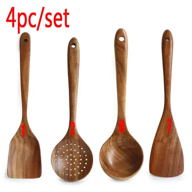 1-10 PC Wooden Cooking Spoons Smooth Teak Wooden Cooking Utensils Non-Stick Wooden Cooking Utensils – Wooden Spoons Set - Auraveia