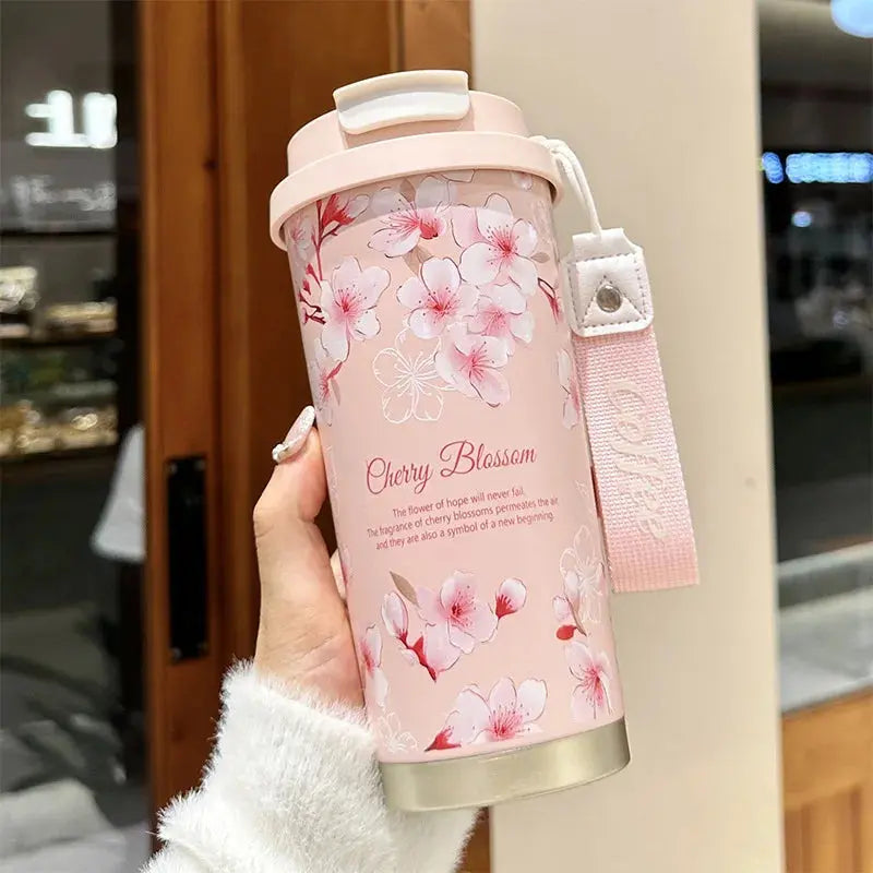 500ml Creative Printing Flower Stainless Steel Thermos Mug Portable Dual-Drink Coffee Mug Car Large-Capacity Straw Gift Cup Auraveia