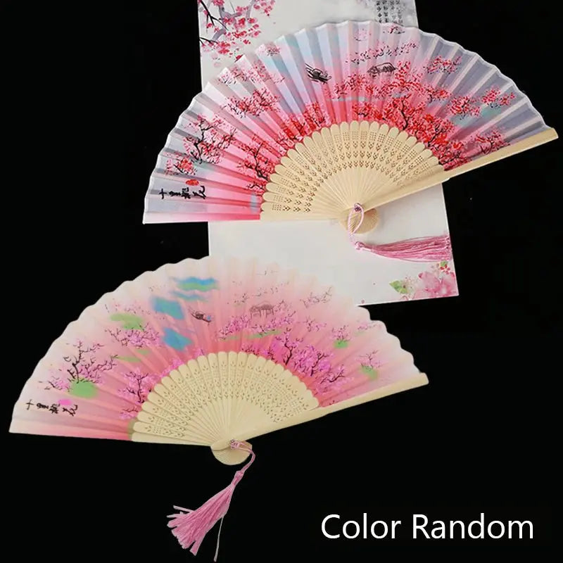 Vintage Silk Folding Fan Chinese Japanese Art Crafts Gift Home Decorations Dance Hand Fan Bamboo Room Decor Wood Fans - Auraveia