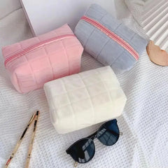 Cute Plush Makeup Bag for Women Portable Travel Small Cosmetic Bags Solid Color Zipper Toiletry Bag Washing Pouch Storage Bags - Auraveia