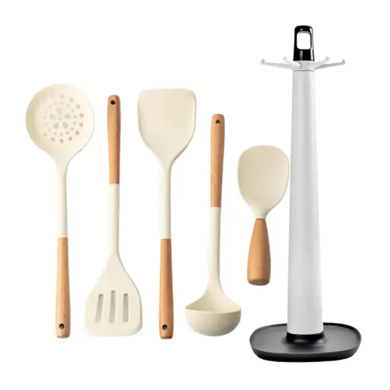 Silicone Kitchen Utensils Set Wooden Handle Non-stick Spatula Cookware Set Fried Shovel Leaky Spoon Rice Spoon Kitchen Tool Sets - Auraveia