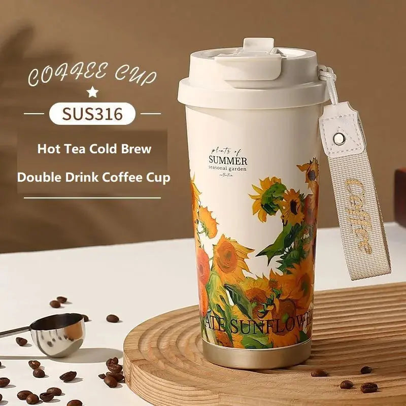 500ml Creative Printing Flower Stainless Steel Thermos Mug Portable Dual-Drink Coffee Mug Car Large-Capacity Straw Gift Cup Auraveia