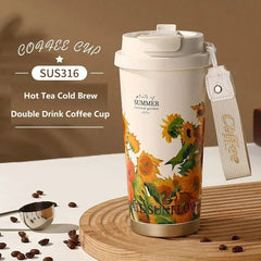 500ml Creative Printing Flower Stainless Steel Thermos Mug Portable Dual-Drink Coffee Mug Car Large-Capacity Straw Gift Cup Auraveia