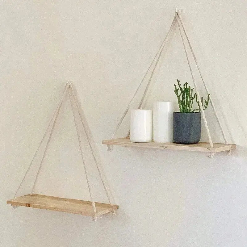 1PC Wooden Swing Hanging Hemp Rope Wall Shelve Mounted Floating Home Living Room Plant Flower Pot Tray Storage Garden Decoration - Auraveia