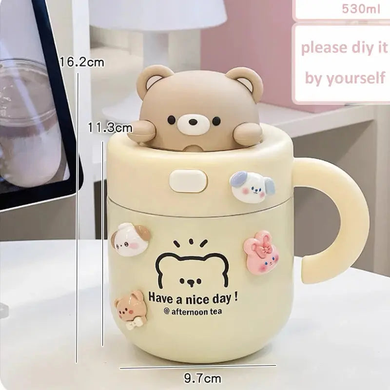 Kawaii Bear Thermal Mug Insulated Coffee Tumbler For Hot Cold Drinks Water Tea Large Thermos Stainless Steel Cup With Straw Lid Auraveia