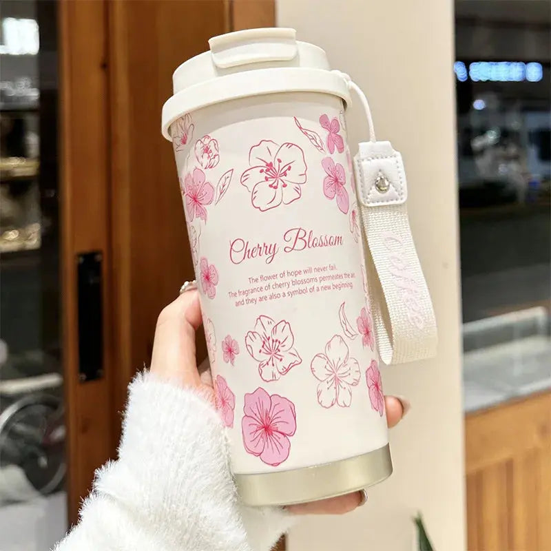 500ml Creative Printing Flower Stainless Steel Thermos Mug Portable Dual-Drink Coffee Mug Car Large-Capacity Straw Gift Cup Auraveia