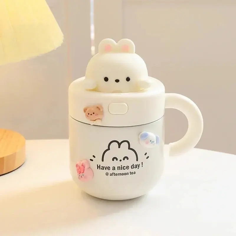 Kawaii Bear Thermal Mug Insulated Coffee Tumbler For Hot Cold Drinks Water Tea Large Thermos Stainless Steel Cup With Straw Lid Auraveia