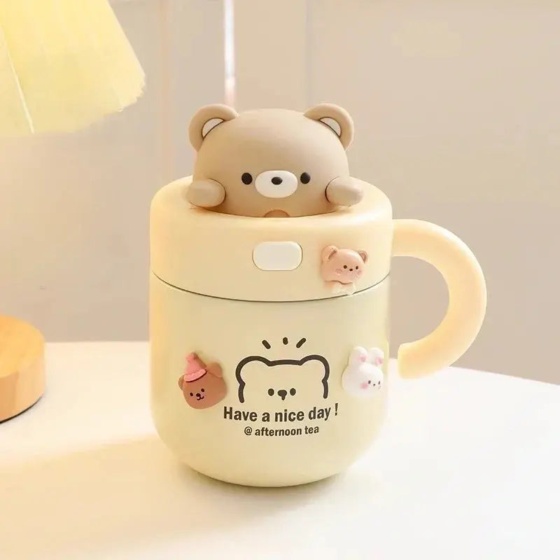 Kawaii Bear Thermal Mug Insulated Coffee Tumbler For Hot Cold Drinks Water Tea Large Thermos Stainless Steel Cup With Straw Lid Auraveia