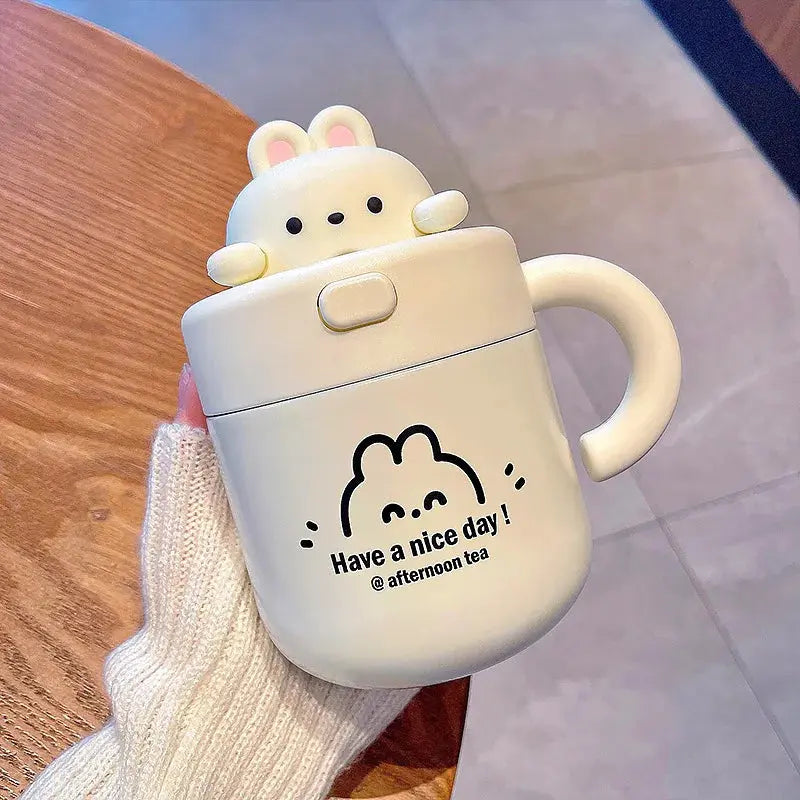 Kawaii Bear Thermal Mug Insulated Coffee Tumbler For Hot Cold Drinks Water Tea Large Thermos Stainless Steel Cup With Straw Lid Auraveia