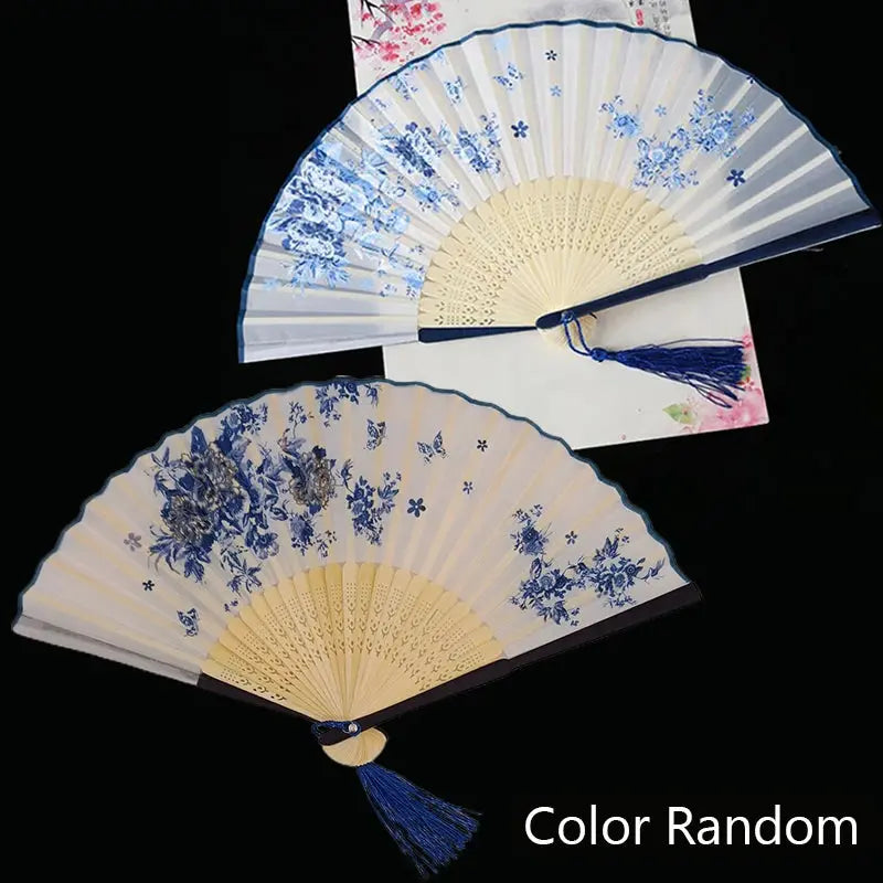 Vintage Silk Folding Fan Chinese Japanese Art Crafts Gift Home Decorations Dance Hand Fan Bamboo Room Decor Wood Fans - Auraveia