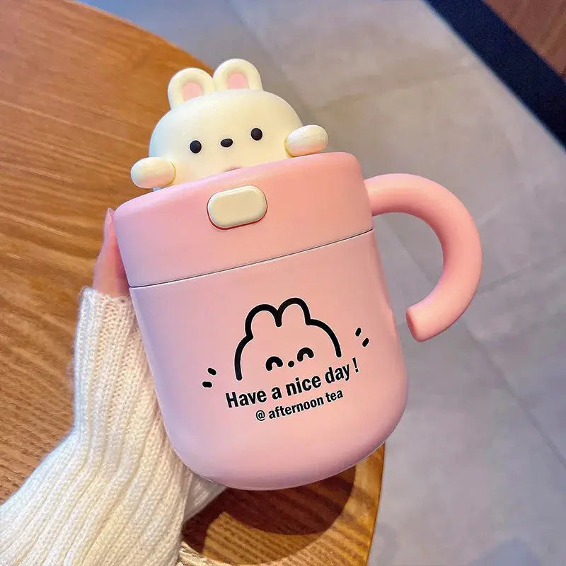 Kawaii Bear Thermal Mug Insulated Coffee Tumbler For Hot Cold Drinks Water Tea Large Thermos Stainless Steel Cup With Straw Lid Auraveia