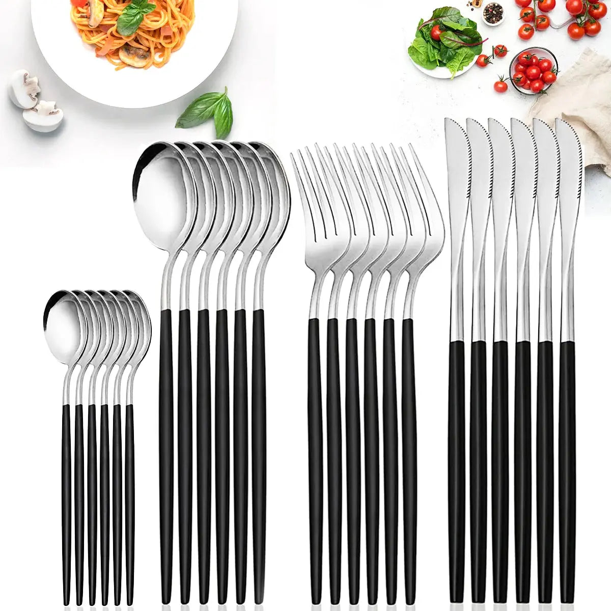 24pcs Black Western Dinnerware Set Stainless Steel Cutlery Set Fork Knife Spoon Tableware Set Flatware Set Silverware Set Auraveia