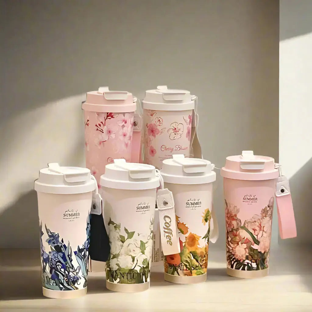 500ml Creative Printing Flower Stainless Steel Thermos Mug Portable Dual-Drink Coffee Mug Car Large-Capacity Straw Gift Cup Auraveia